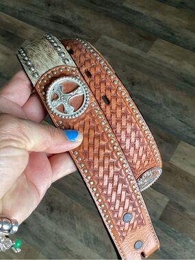 Tooled Leather Western Belt with Silver Conchos - Brown & Cream